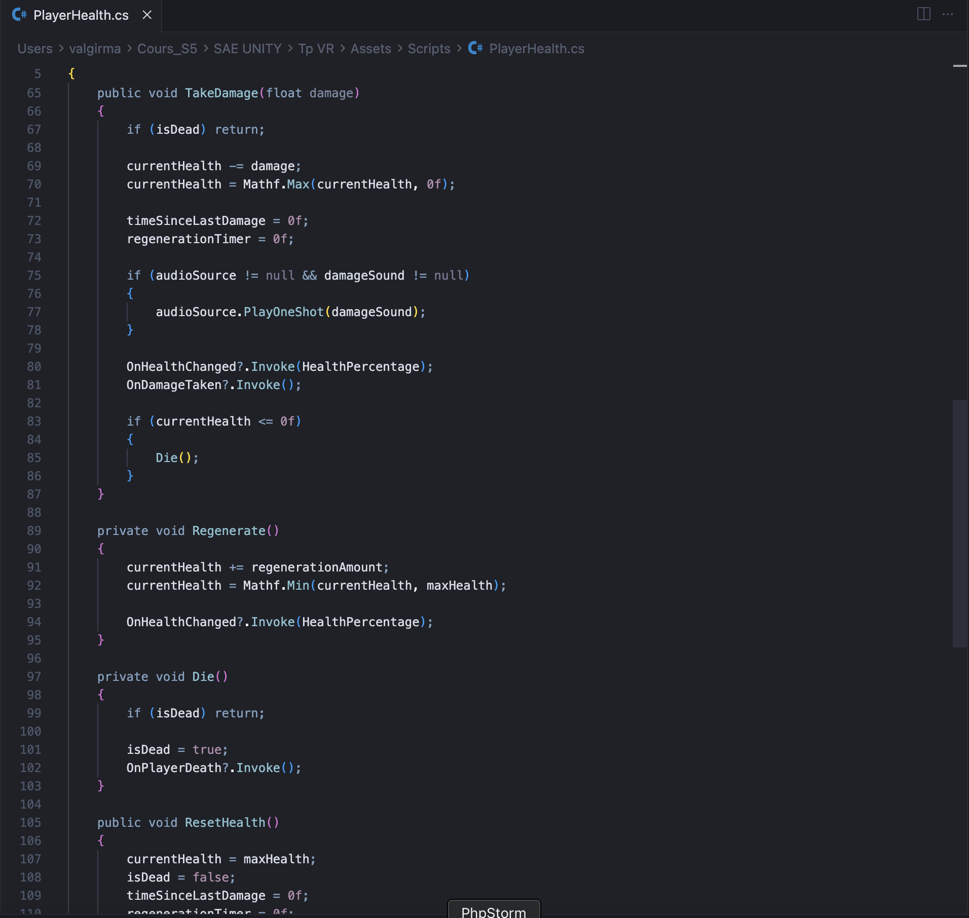 Code C# PlayerHealth - gestion de la vie et des dégâts